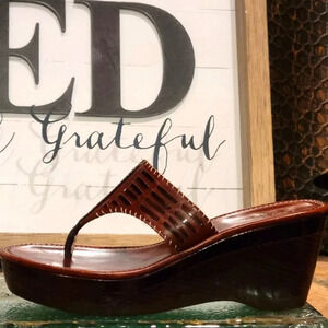 Cole Haan Air Grier Thong Wedge Platform Sandal Brown Woven Sz 8.5 #D21382